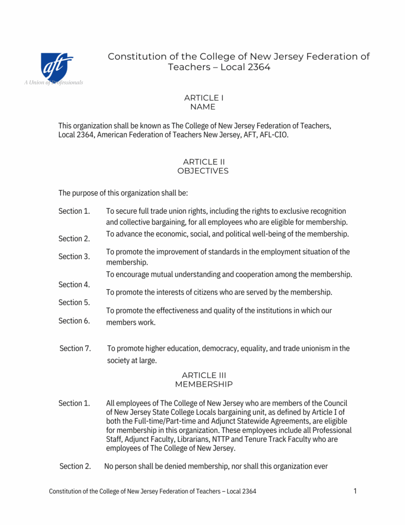The first page of the TCNJFT constitution.